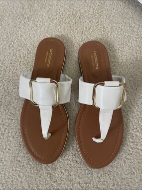 Liz Claiborne White Leather Buckle Thong Sandals with Gold Accent